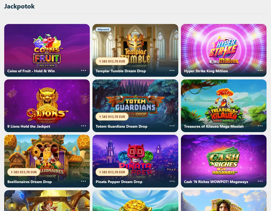 Jackpot játékok a Boa Bet oldalon nagy nyereményű címekkel és kiemelt ajánlatokkal