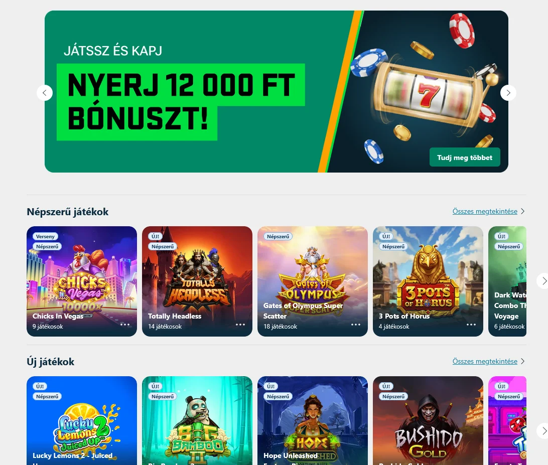 A Boa Bet casino főoldala kiemelt játékokkal és kaszinó szekciókkal