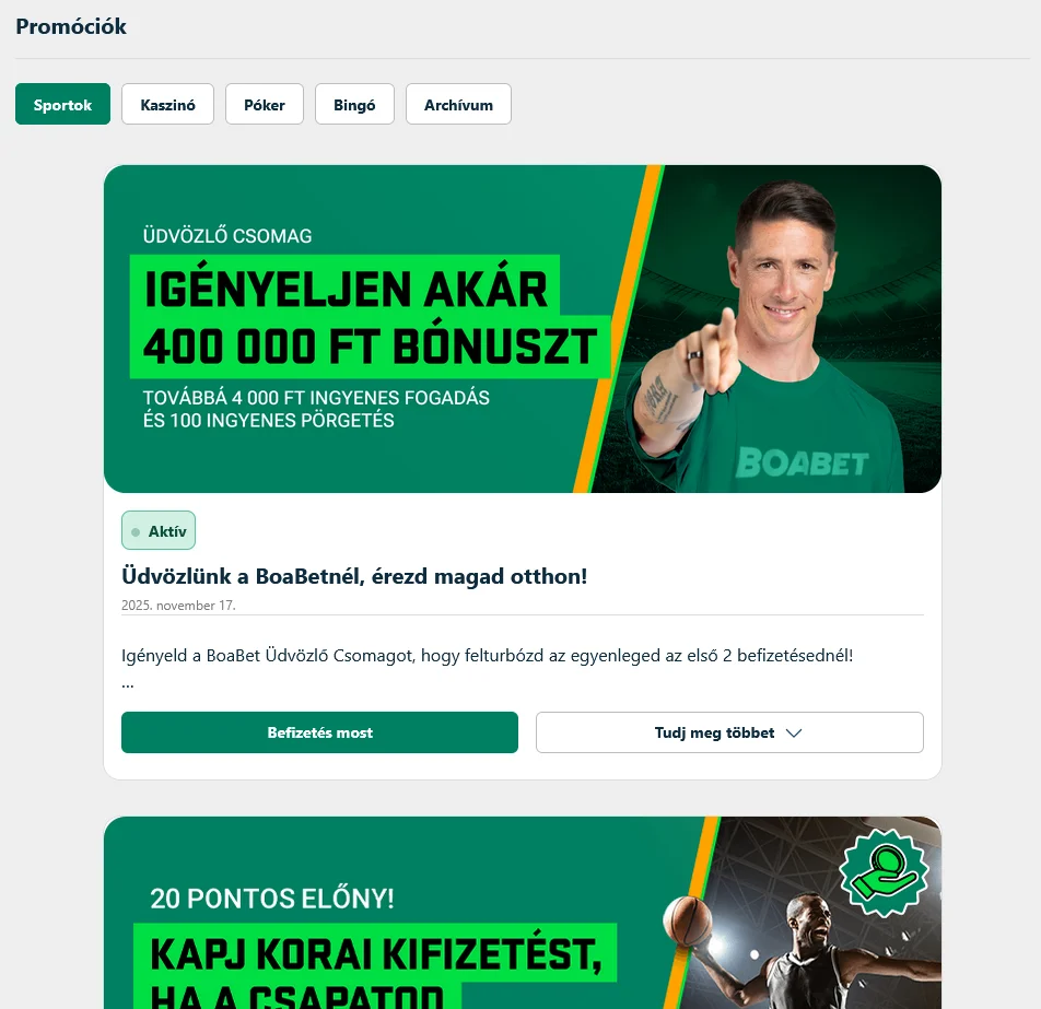 A BoaBet Casino bónuszok és promóciók oldala aktuális ajánlatokkal