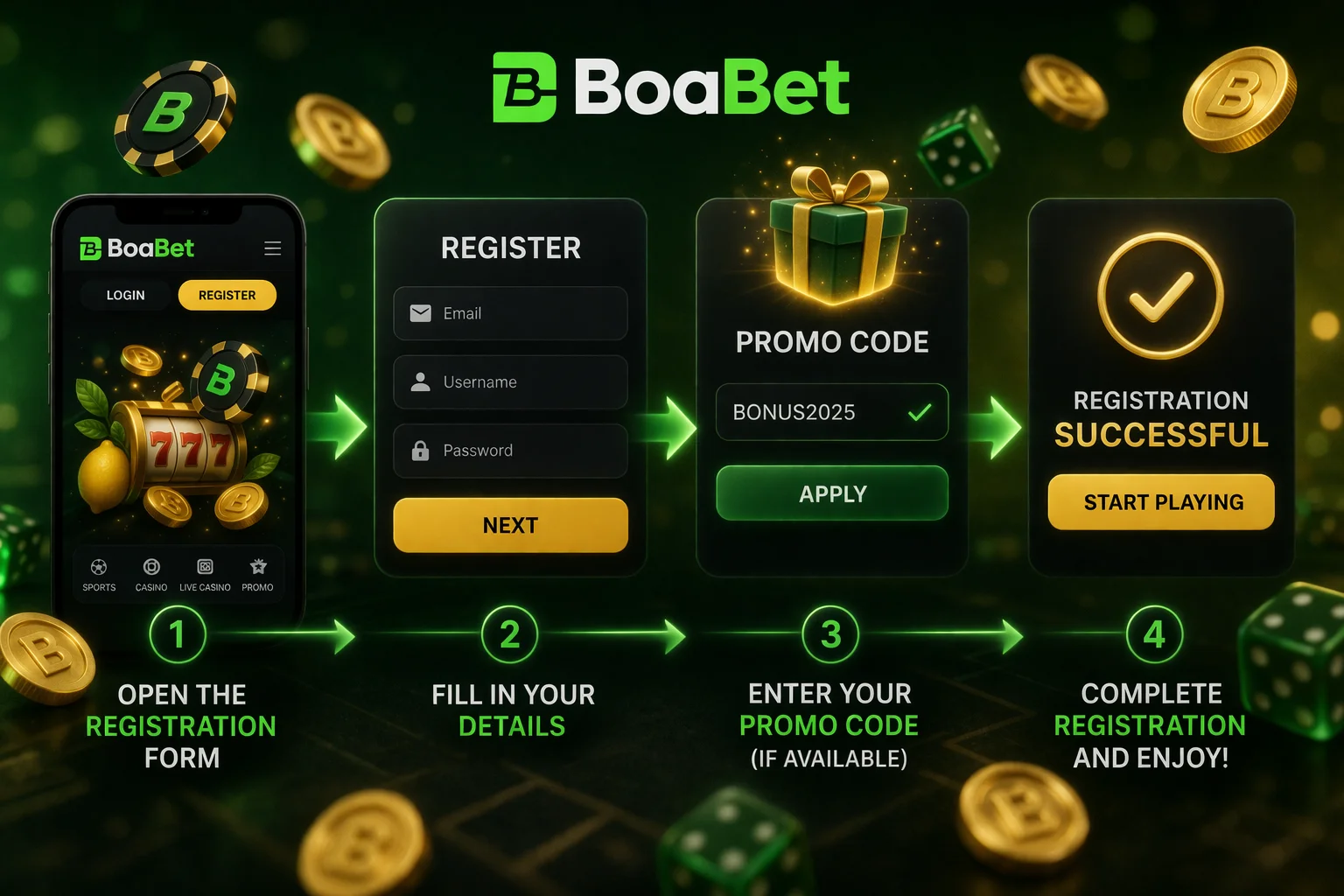 Promóciós kód mező a Boa Bet casino regisztrációs űrlapján új bónusz aktiválásához