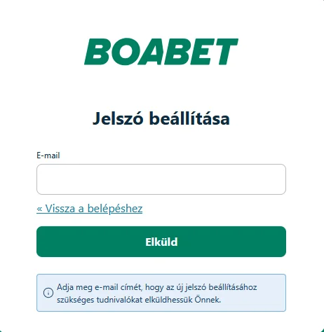 Jelszó-helyreállítási oldal a BoaBet Casino felületén a hozzáférés visszaállításához