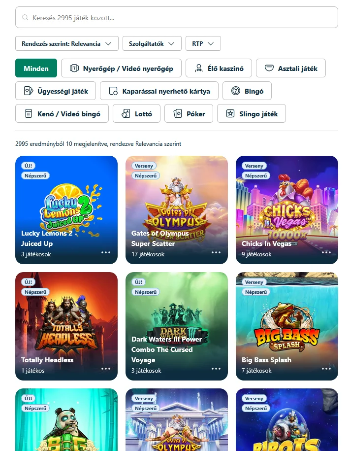 Keresési és szűrési eszköz a BoaBet betting platform kaszinóoldalán gyors játékkereséshez