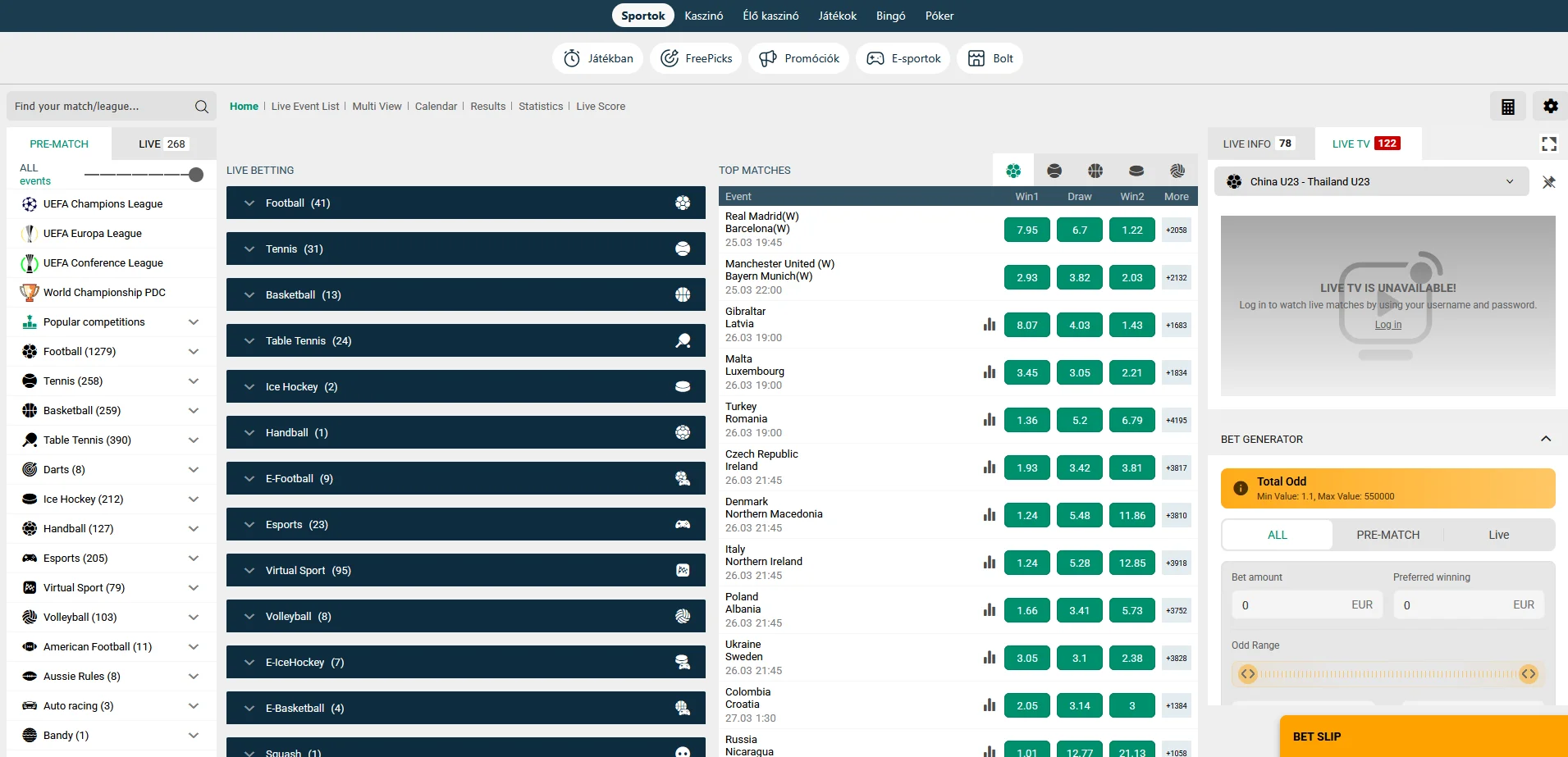 Sportfogadási oldal a BoaBet betting platform felületén piacokkal és eseményekkel